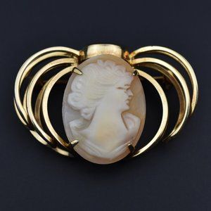 Hand carved shell lady cameo collar pin, 60s vintage jewelry, gold lapel pin